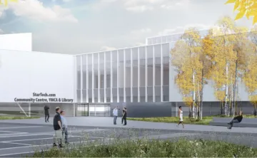 A rendering of the exterior of StarTech.com Community Centre, YMCA, & Library